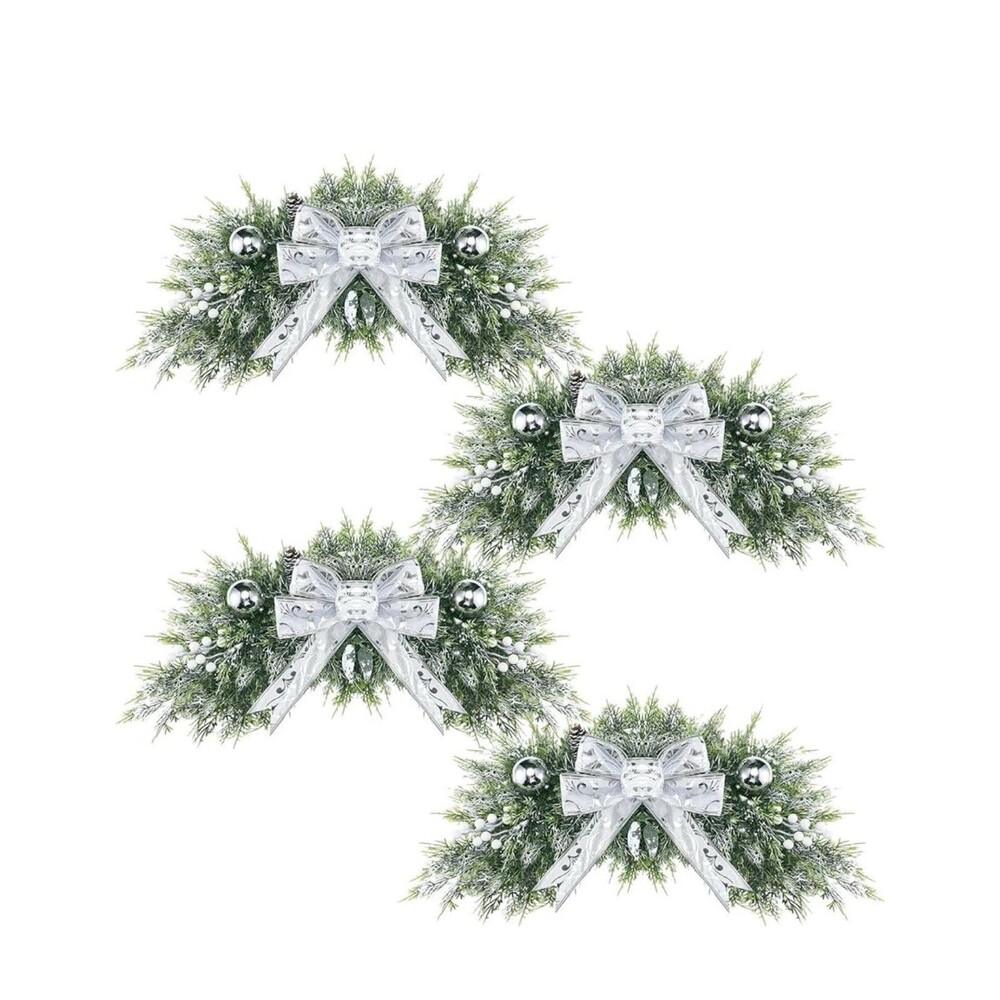 4 Pack Christmas Window & Door 33 Inch Winter Pine Needles Silver Bow Home Decor